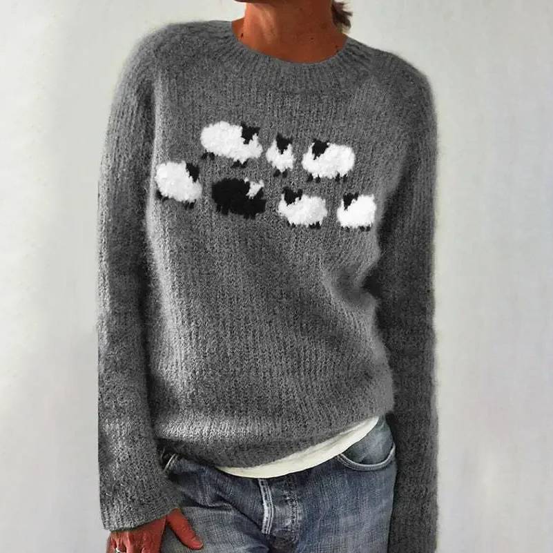 Crew Neck Sheep Intarsia Knit Sweater 2