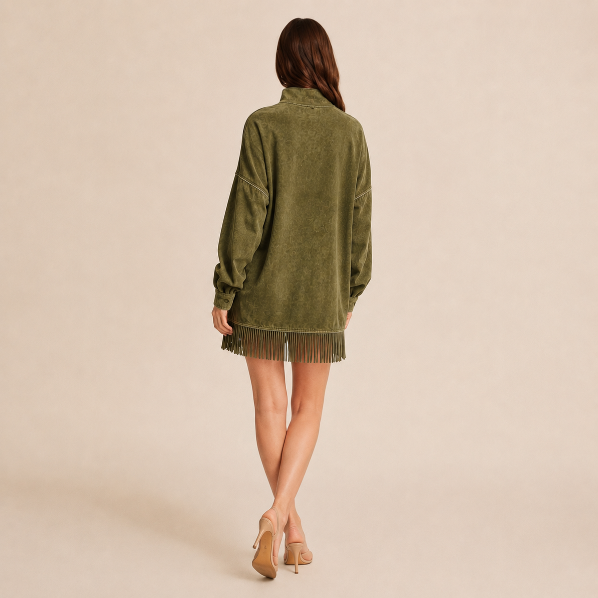 Mock Neck Long Sleeve Fringe Hem Oversized Mini Dress 3