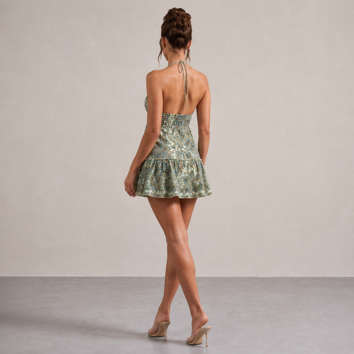 Paisley Print Halter Neck Deep V Tiered Mini Dress 3