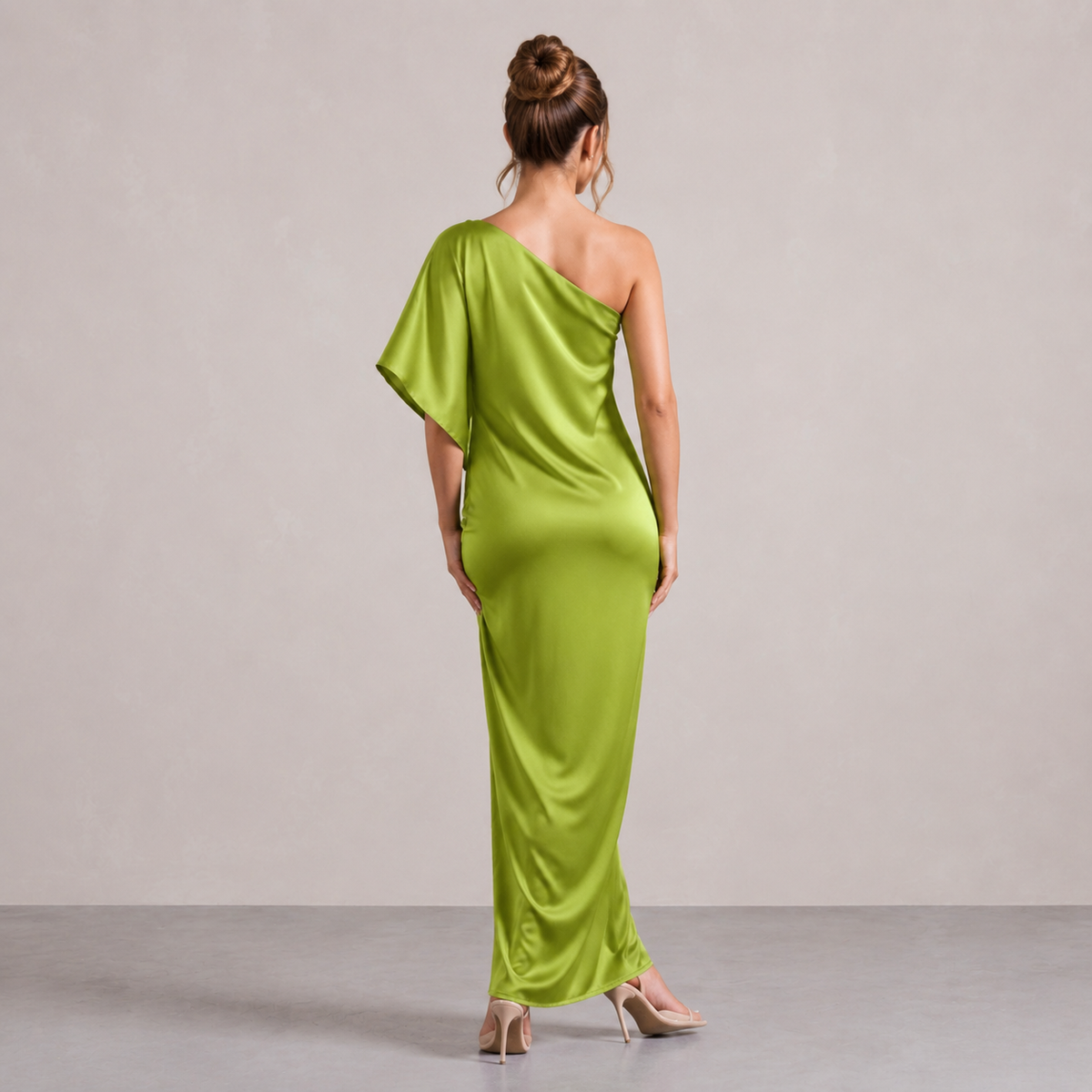One Shoulder Batwing Sleeve Satin Side Split Maxi Dress 6