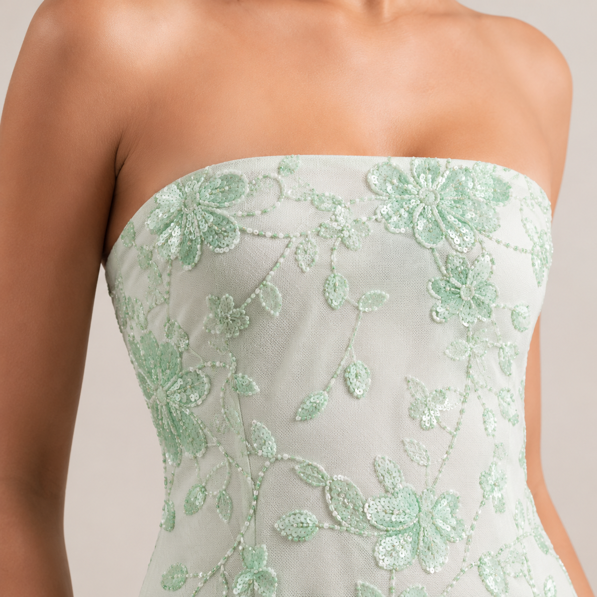 Strapless Floral Sequin Mesh Bodycon Mini Dress 14