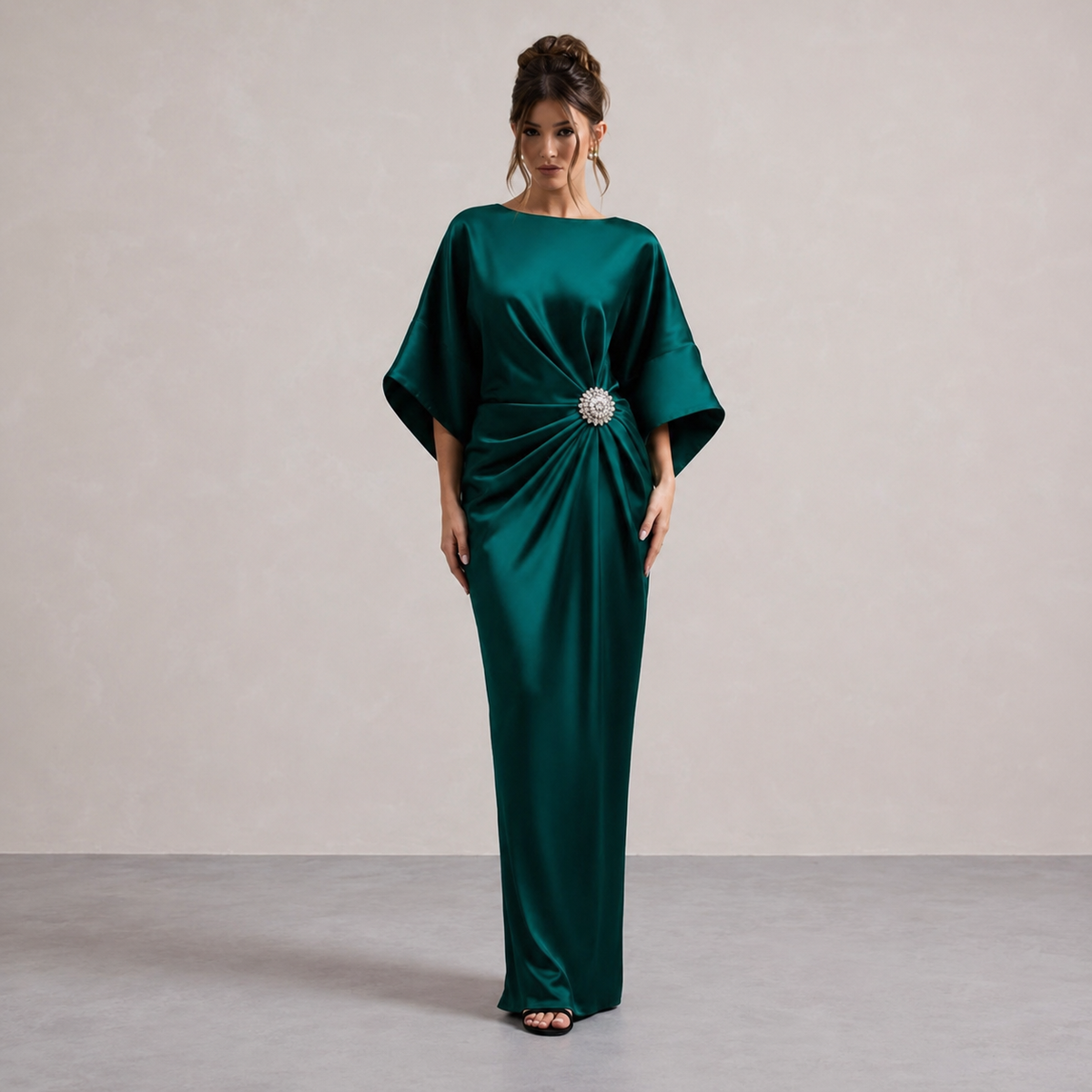 Round Neck Batwing Sleeve Brooch Ruched Satin Maxi Gown 7
