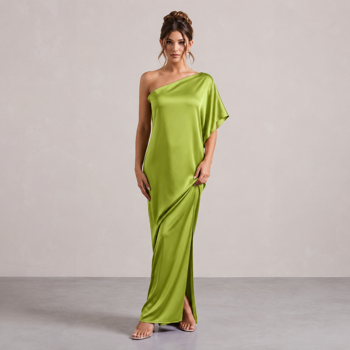 One Shoulder Batwing Sleeve Satin Side Split Maxi Dress 4