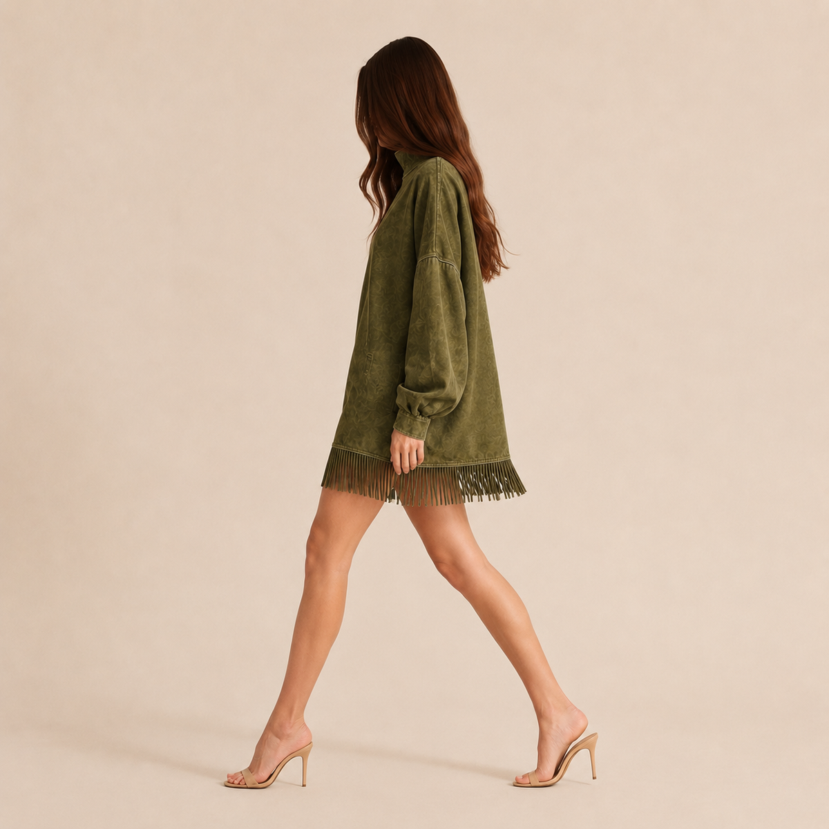 Mock Neck Long Sleeve Fringe Hem Oversized Mini Dress 4
