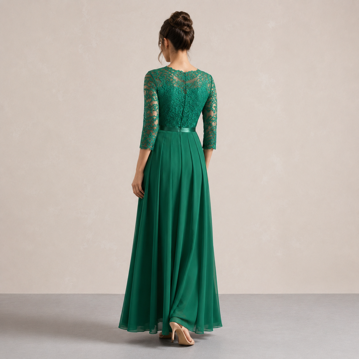 Lace Bodice Long Sleeve Pleated A-Line Maxi Gown 9