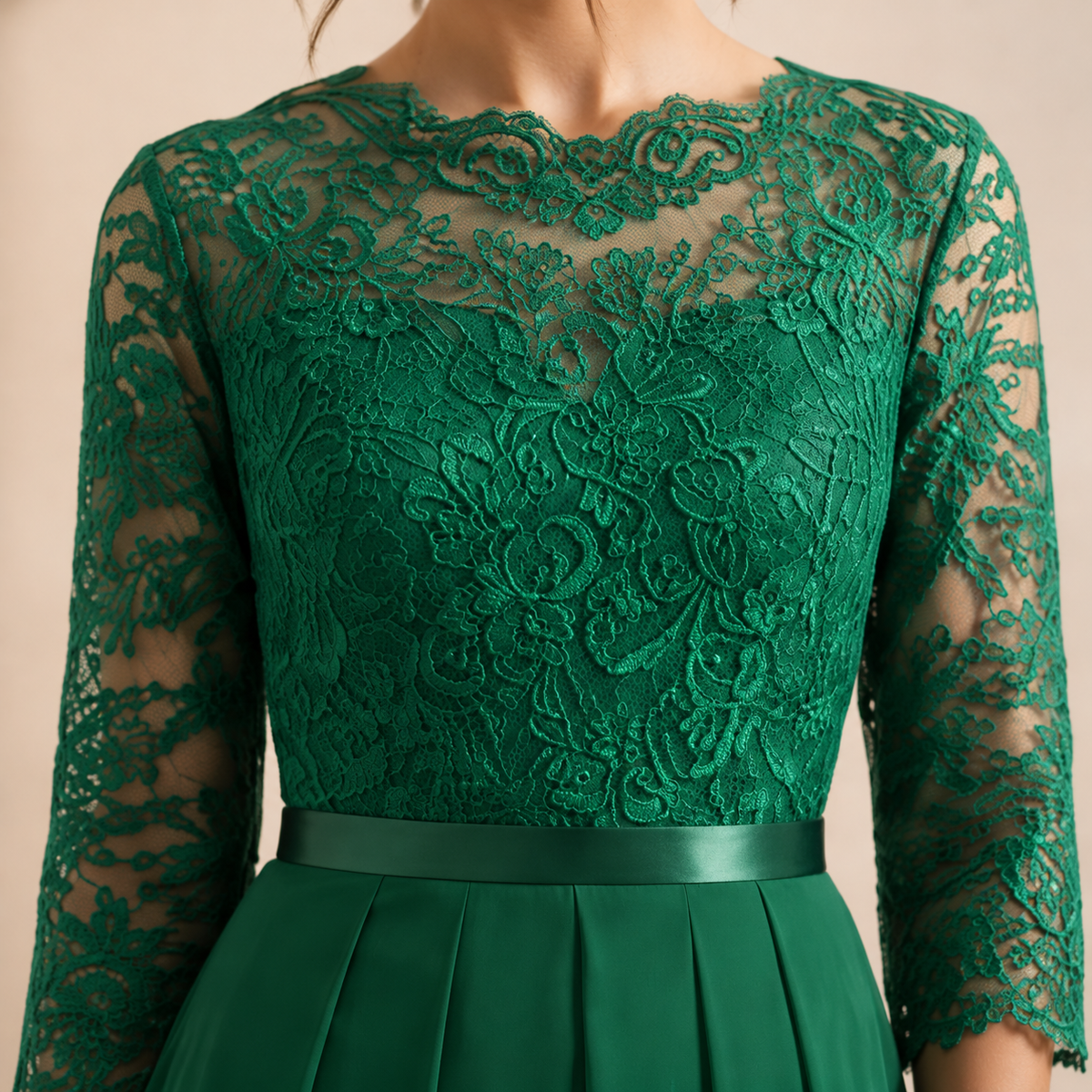 Lace Bodice Long Sleeve Pleated A-Line Maxi Gown 8