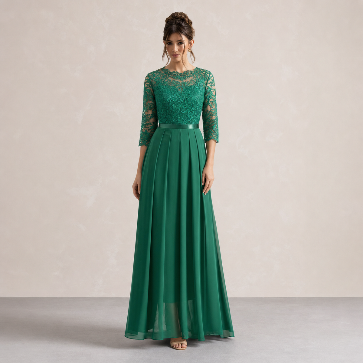 Lace Bodice Long Sleeve Pleated A-Line Maxi Gown 7