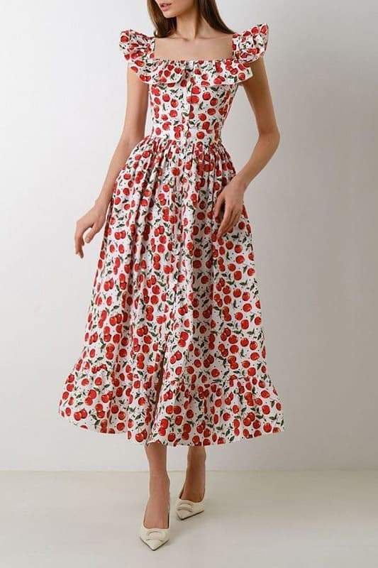 Cherry Print Square Neck Ruffle Sleeve Tiered Midi Dress - View 6