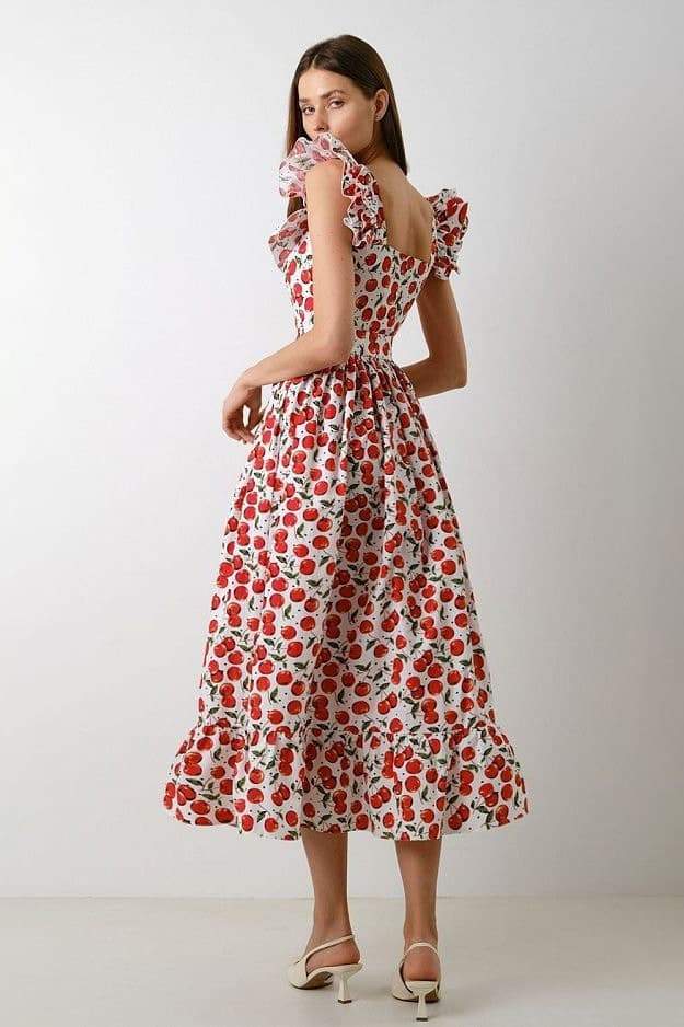 Cherry Print Square Neck Ruffle Sleeve Tiered Midi Dress
