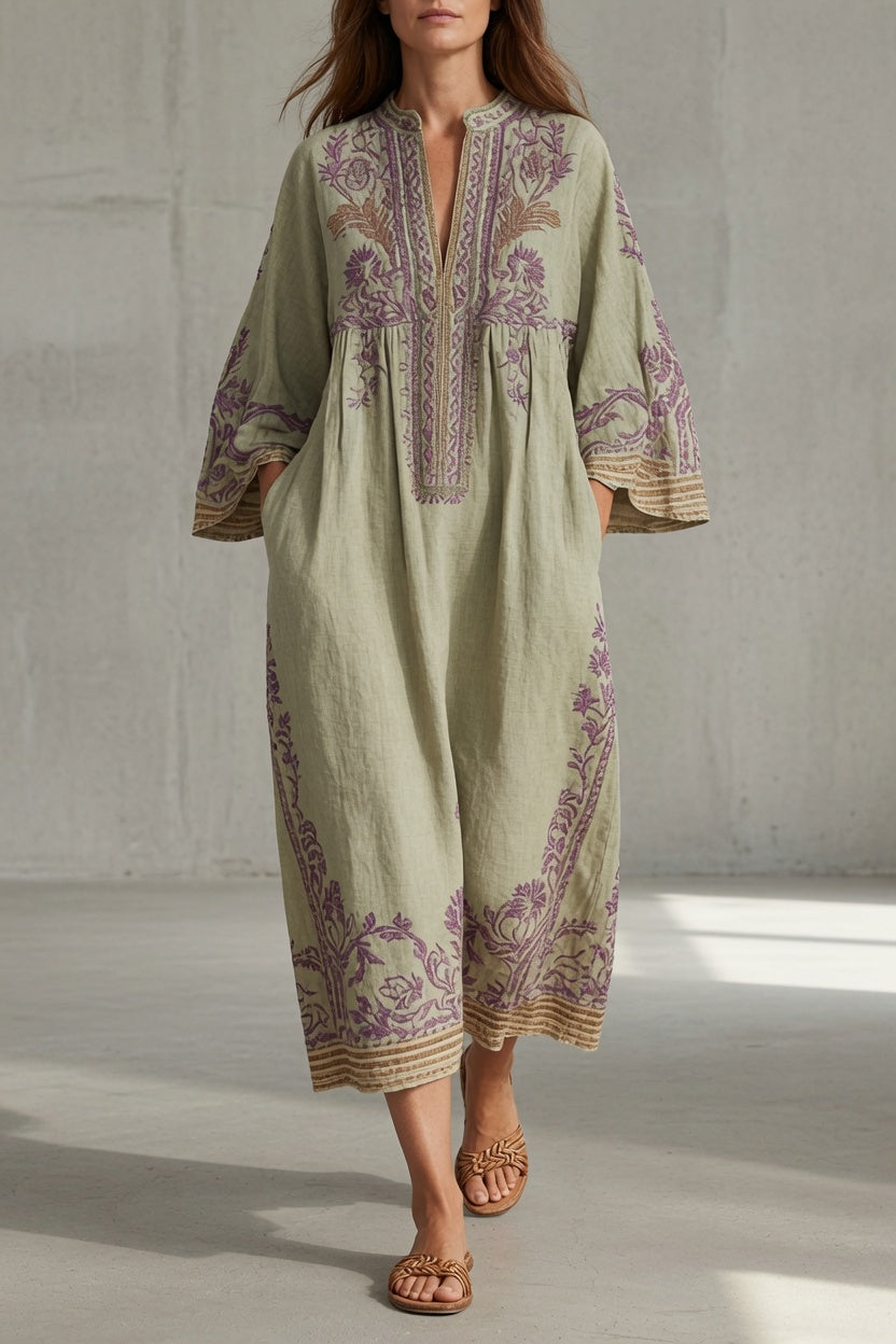 Floral Embroidered Split Neck Long Sleeve Linen Look Maxi Dress