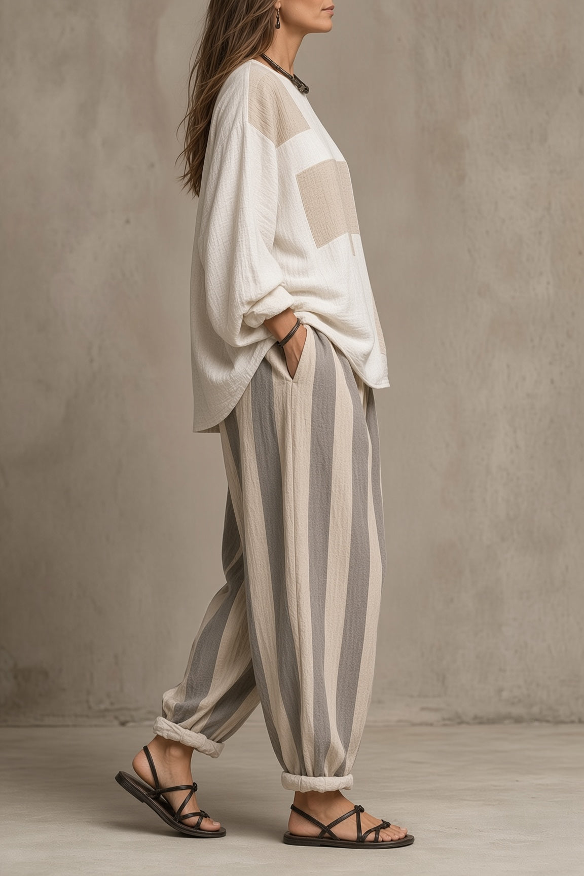 Colorblock Boxy Top and Striped Wide Leg Pants Two Piece Set 6