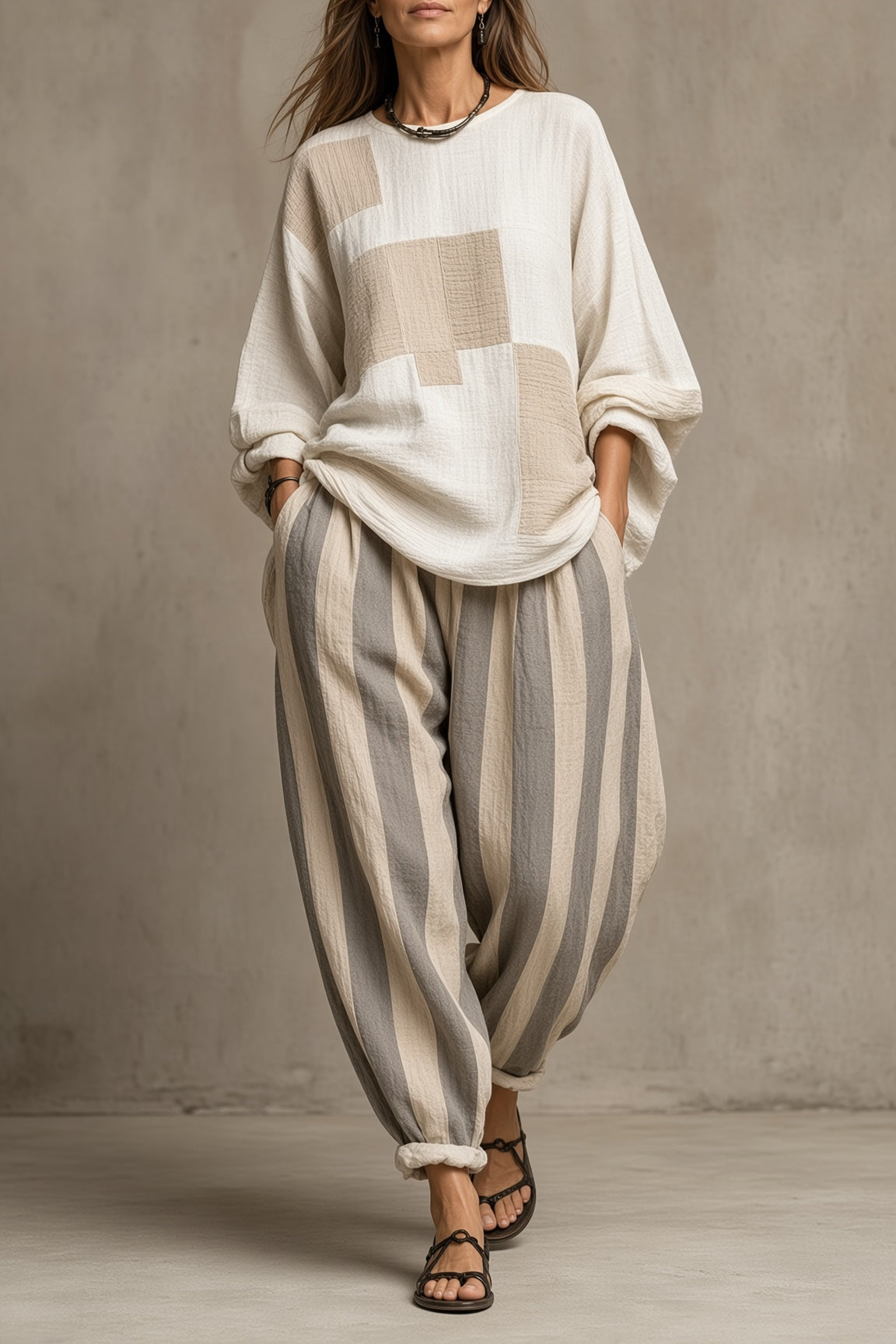 Colorblock Boxy Top and Striped Wide Leg Pants Two Piece Set 3