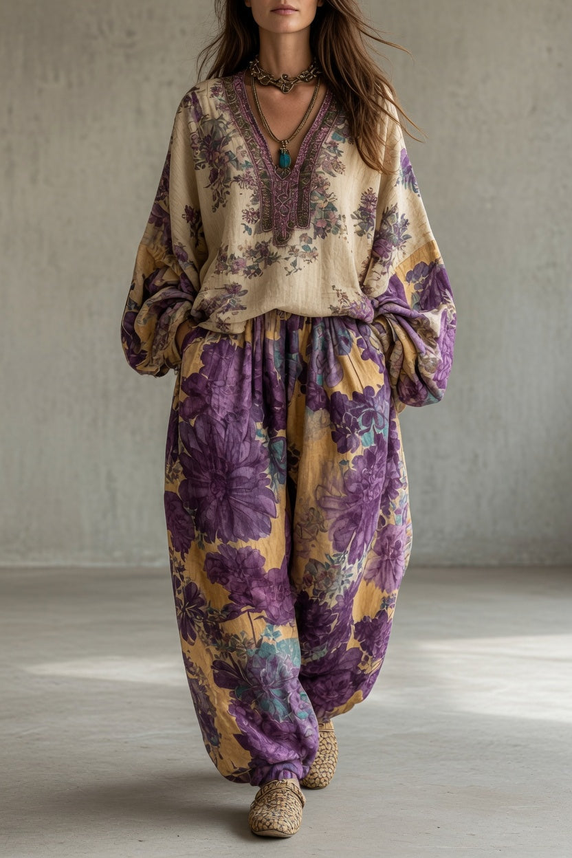 Floral Print V-Neck Top and Wide Leg Pants Two Piece Set