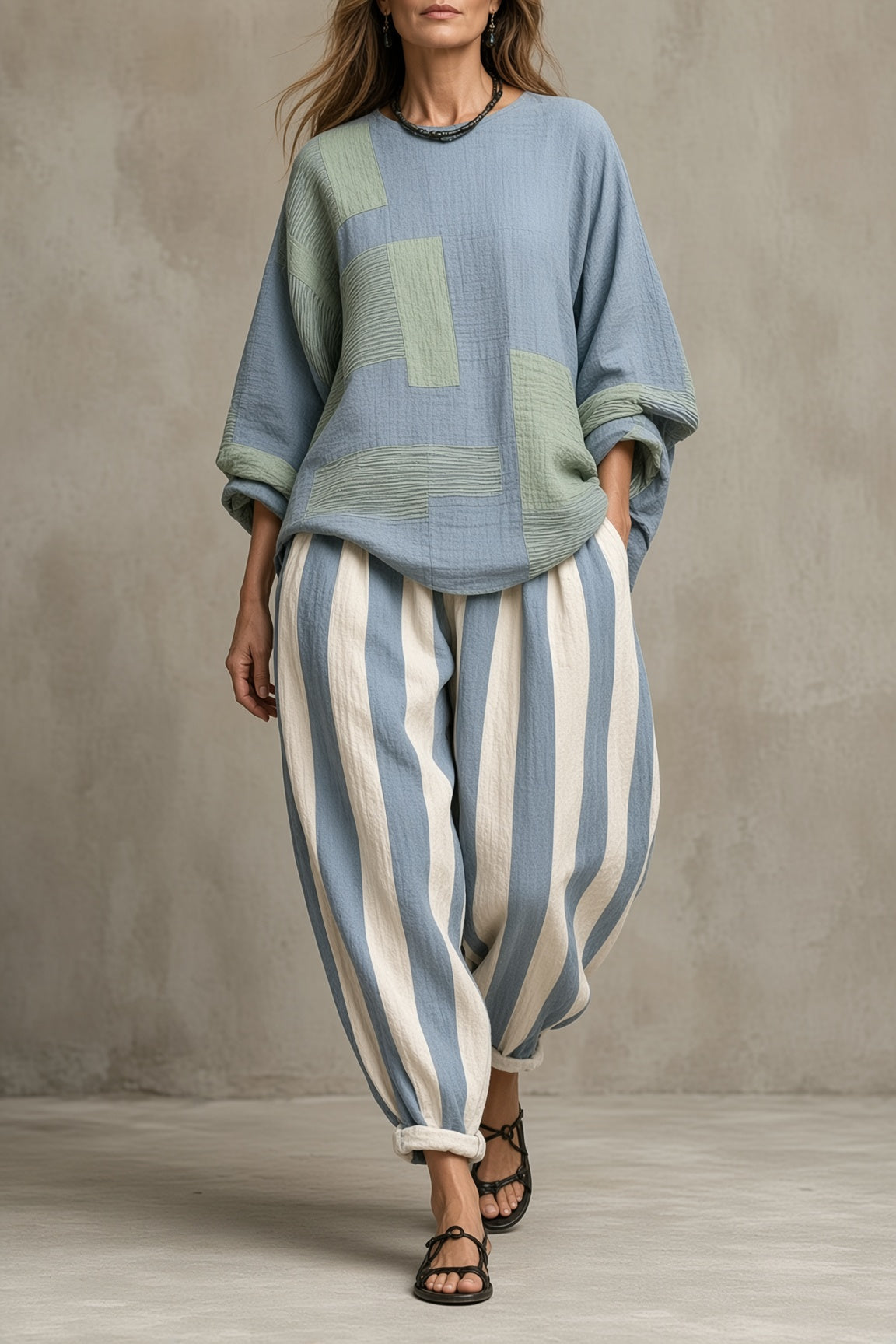 Colorblock Boxy Top and Striped Wide Leg Pants Two Piece Set