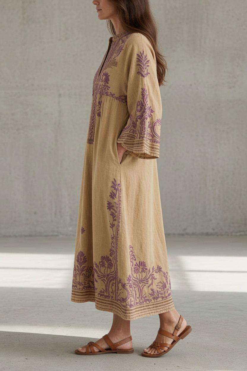 Floral Embroidered Split Neck Long Sleeve Linen Look Maxi Dress 6
