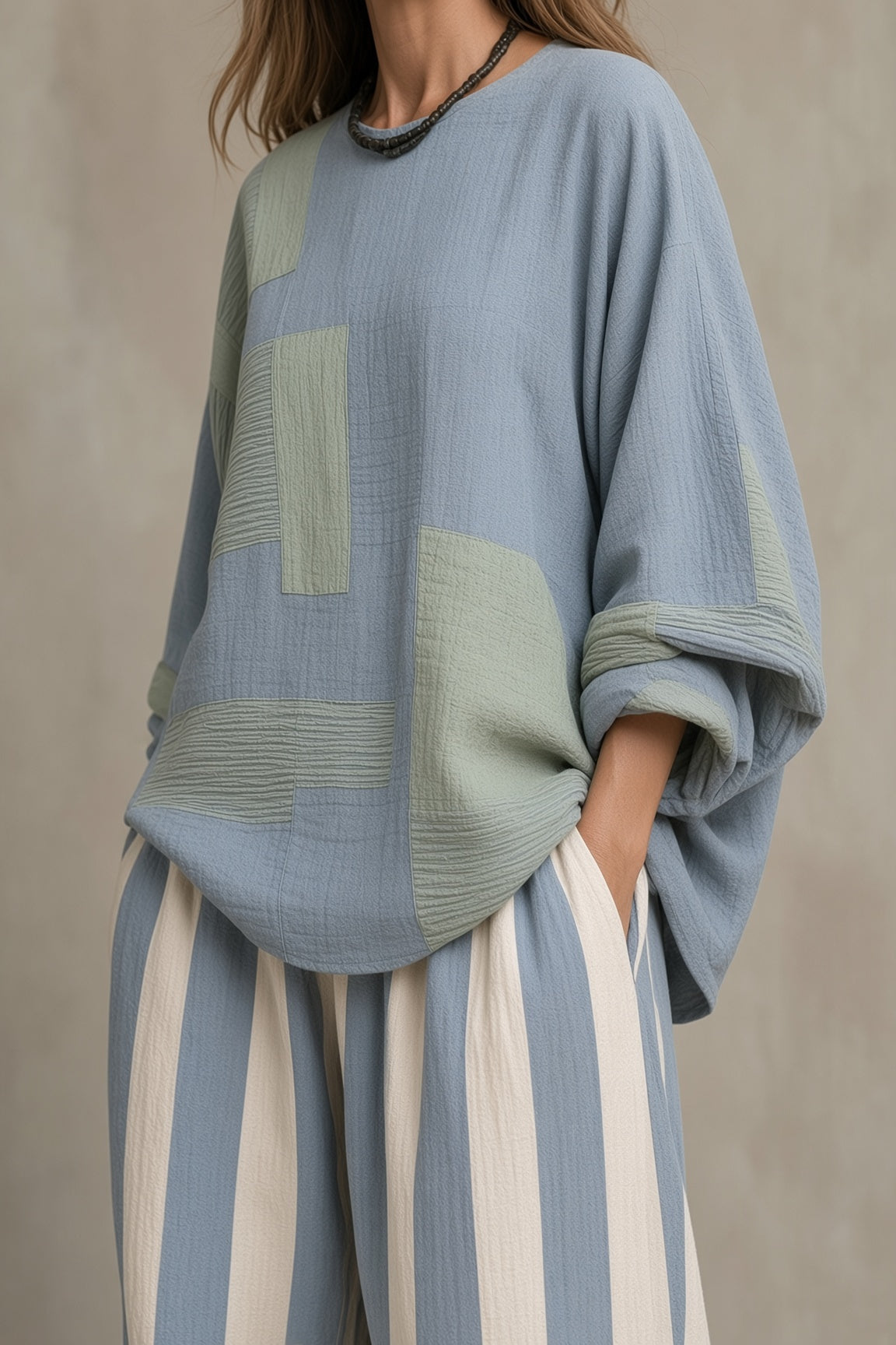 Colorblock Boxy Top and Striped Wide Leg Pants Two Piece Set 4