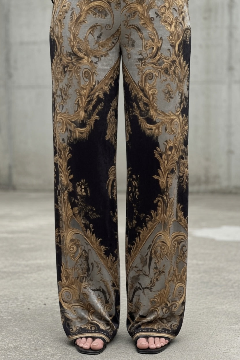 Baroque Print Deep V-Neck Top and Wide Leg Pants Two Piece Set 4
