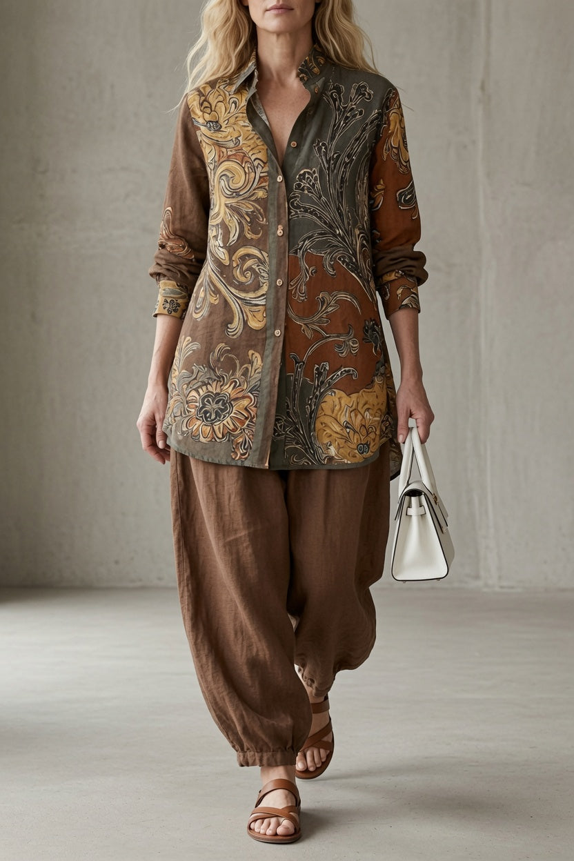 Baroque Print Collared Long Sleeve Button Front Longline Shirt 7