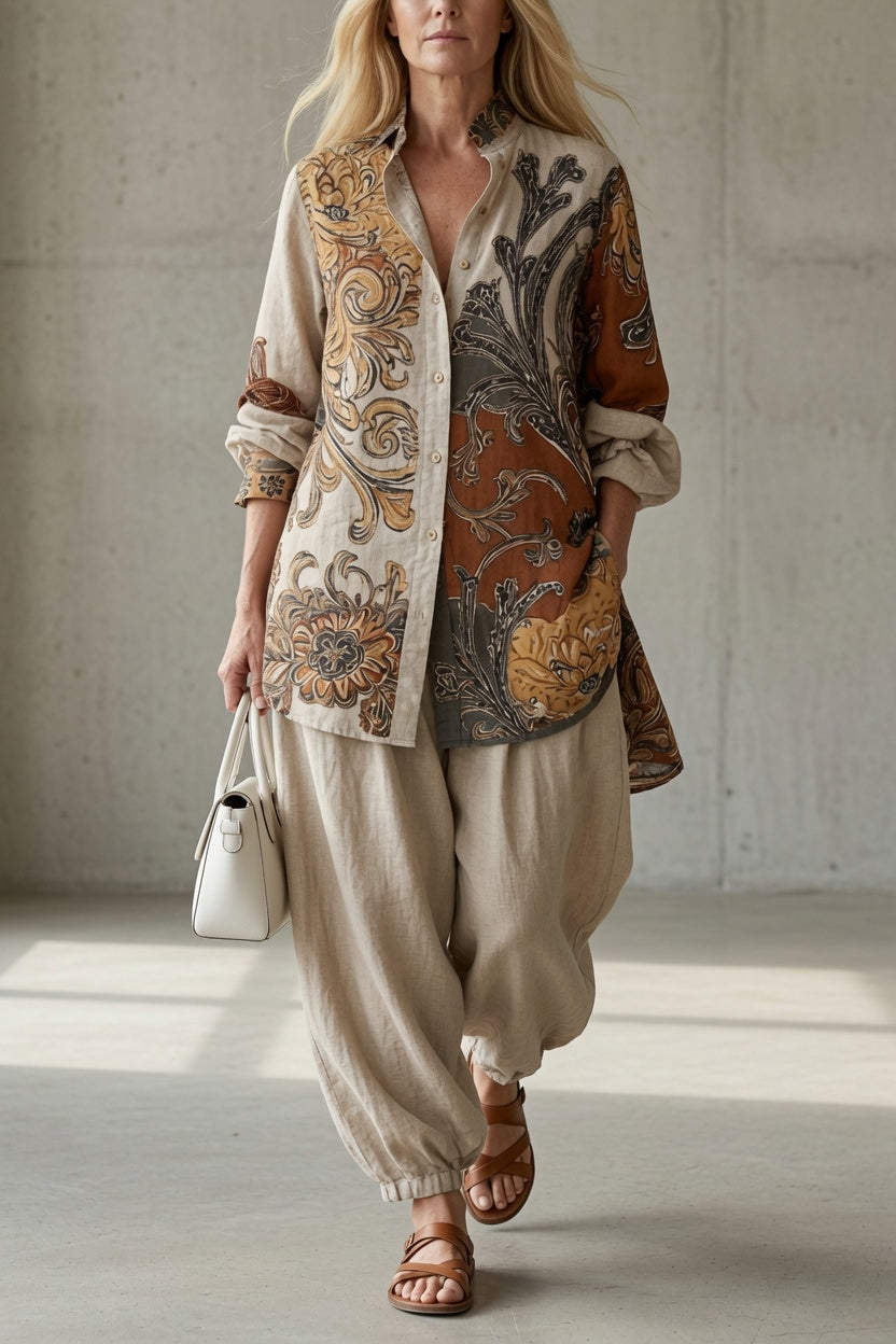 Baroque Print Collared Long Sleeve Button Front Longline Shirt 2