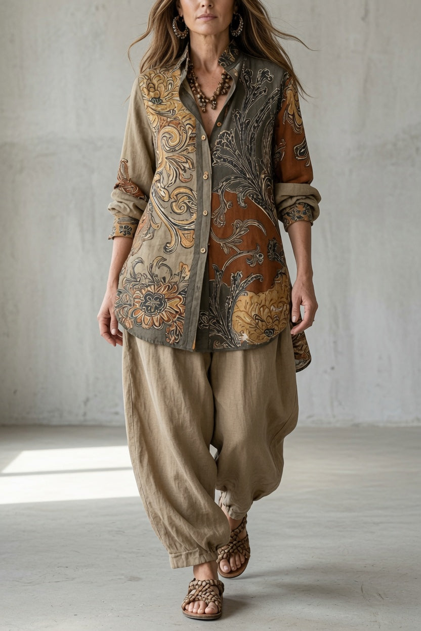 Baroque Print Collared Long Sleeve Button Front Longline Shirt 4