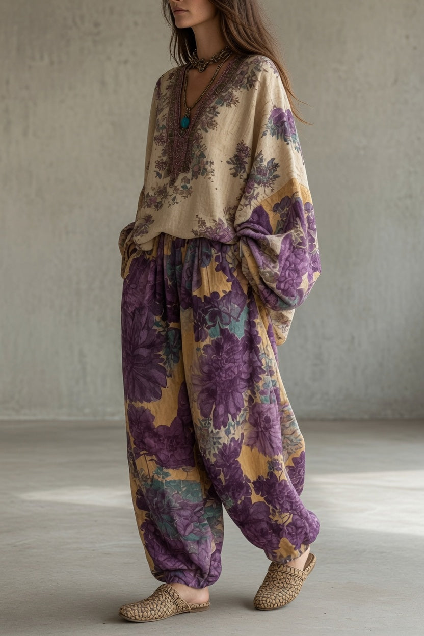 Floral Print V-Neck Top and Wide Leg Pants Two Piece Set 2