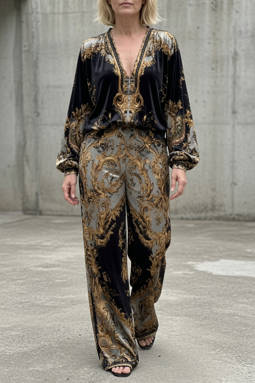 Baroque Print Deep V-Neck Top and Wide Leg Pants Two Piece Set