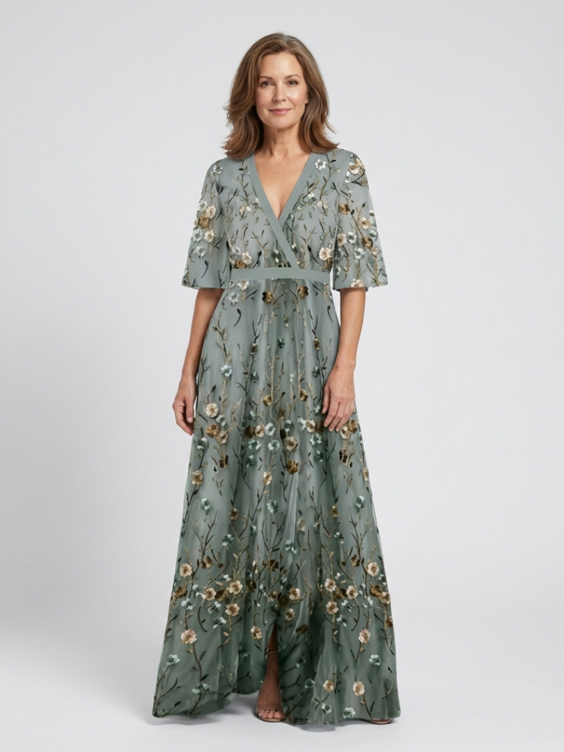 Floral Embroidered Deep V-Neck Flutter Sleeve Maxi Dress