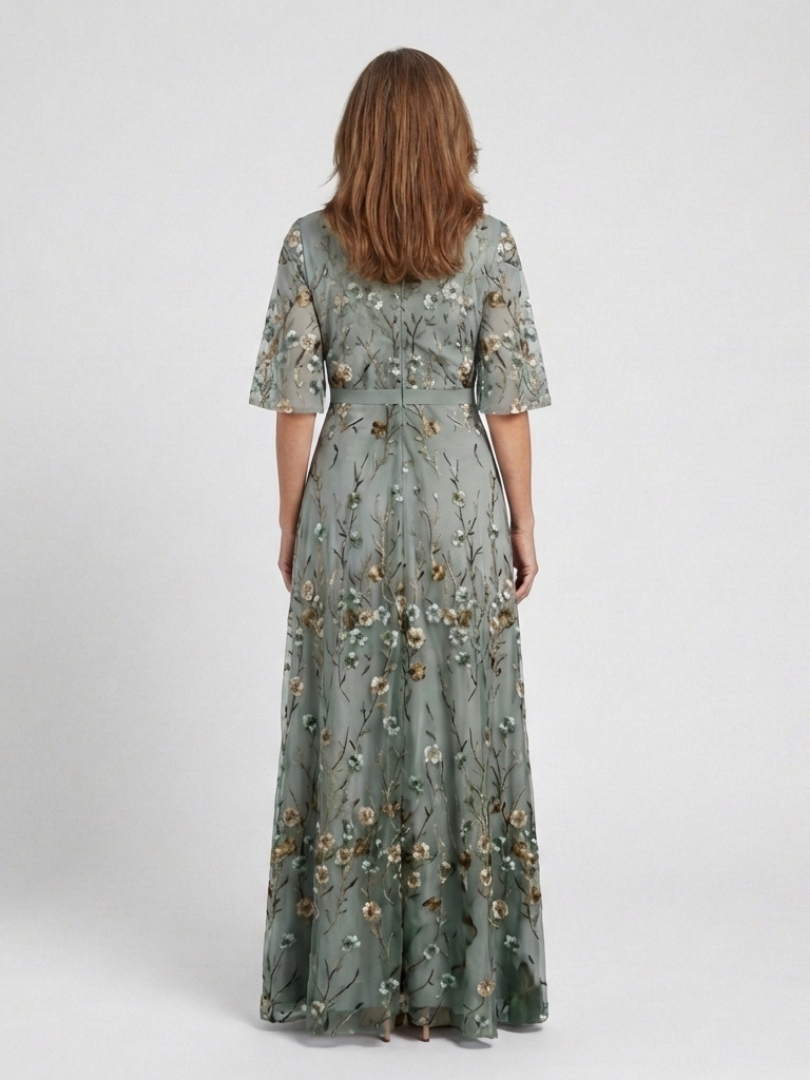 Floral Embroidered V-Neck Flutter Sleeve Maxi Dress 2