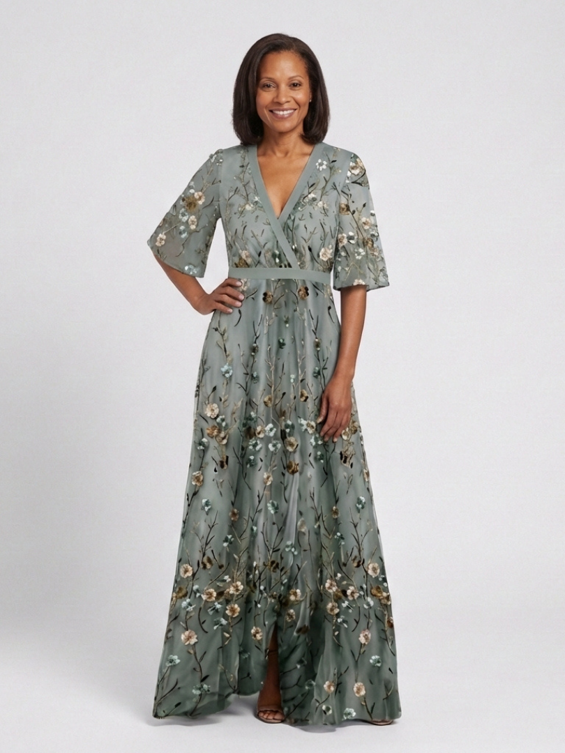 Floral Embroidered V-Neck Flutter Sleeve Maxi Dress 5