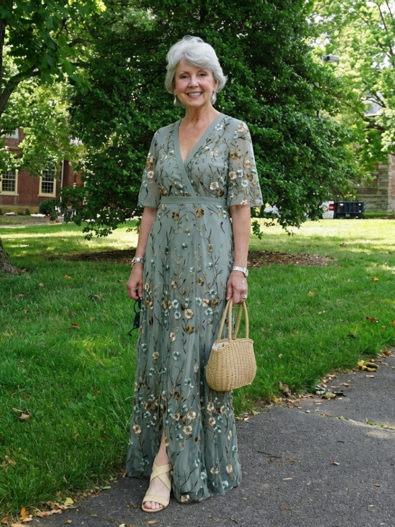 Floral Embroidered V-Neck Flutter Sleeve Maxi Dress 7
