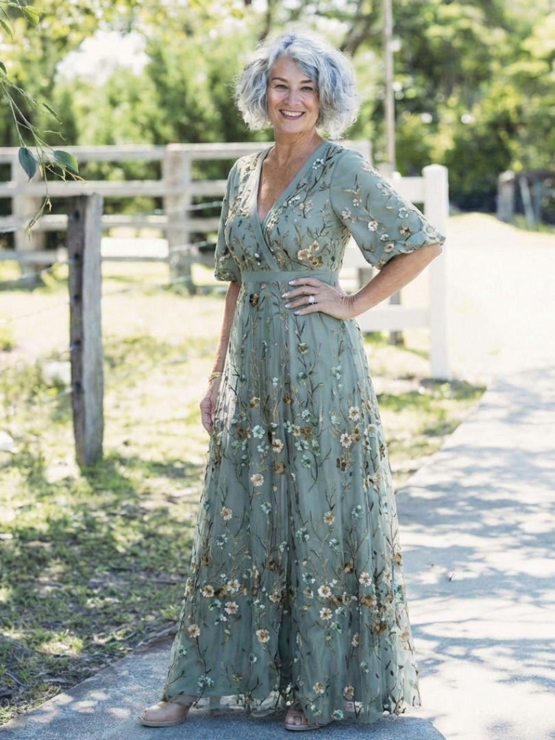 Floral Embroidered V-Neck Flutter Sleeve Maxi Dress 8