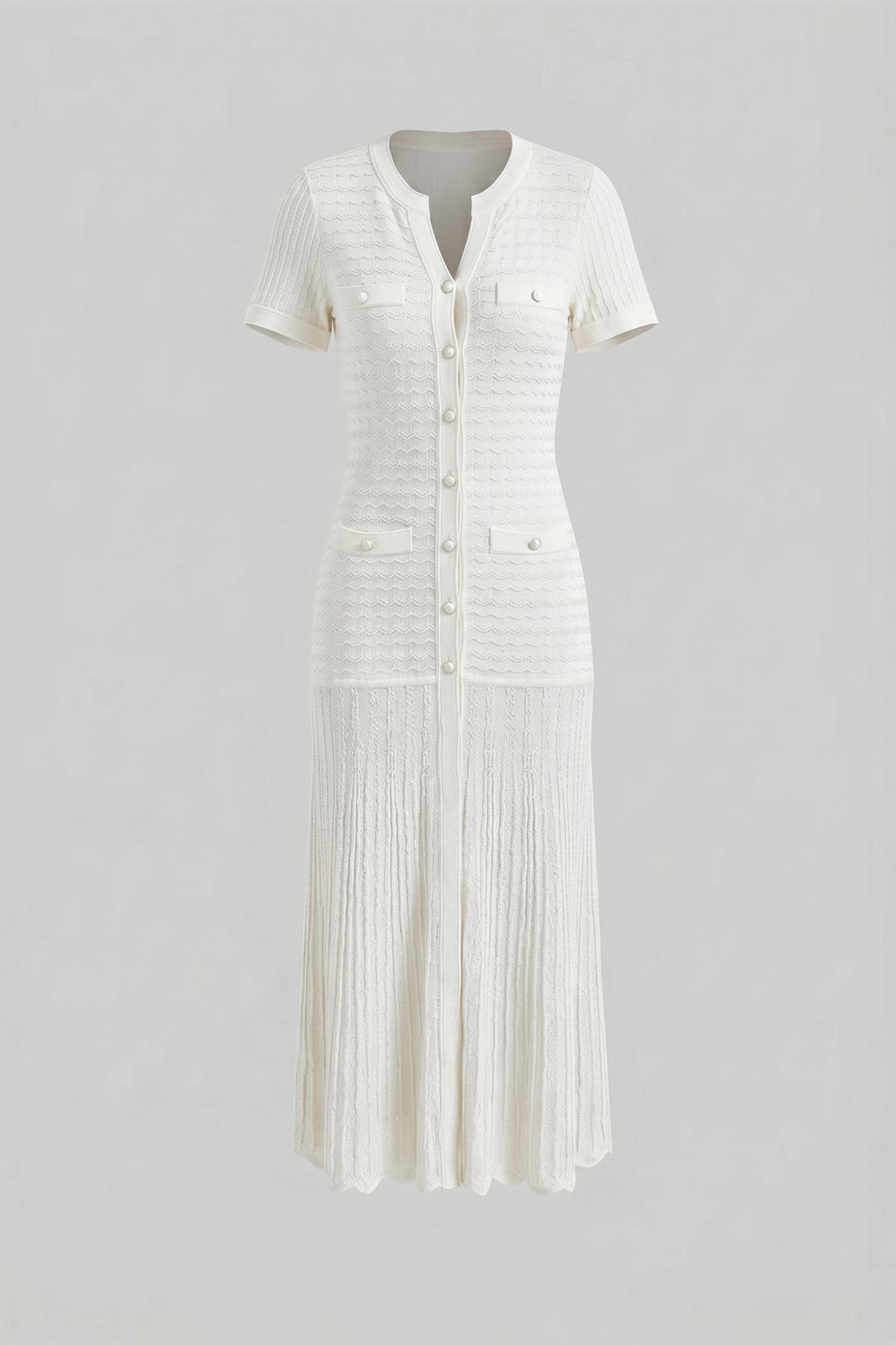 Short Sleeve Midi Dress With Shimmer Knit Texture - White - View 2