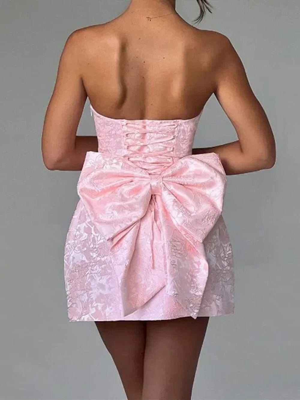 Strapless Jacquard Bow Back Fit and Flare Mini Dress - View 4