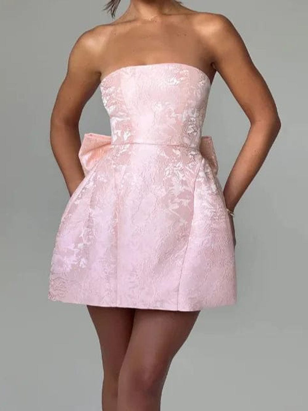 Strapless Jacquard Bow Back Fit and Flare Mini Dress - View 3