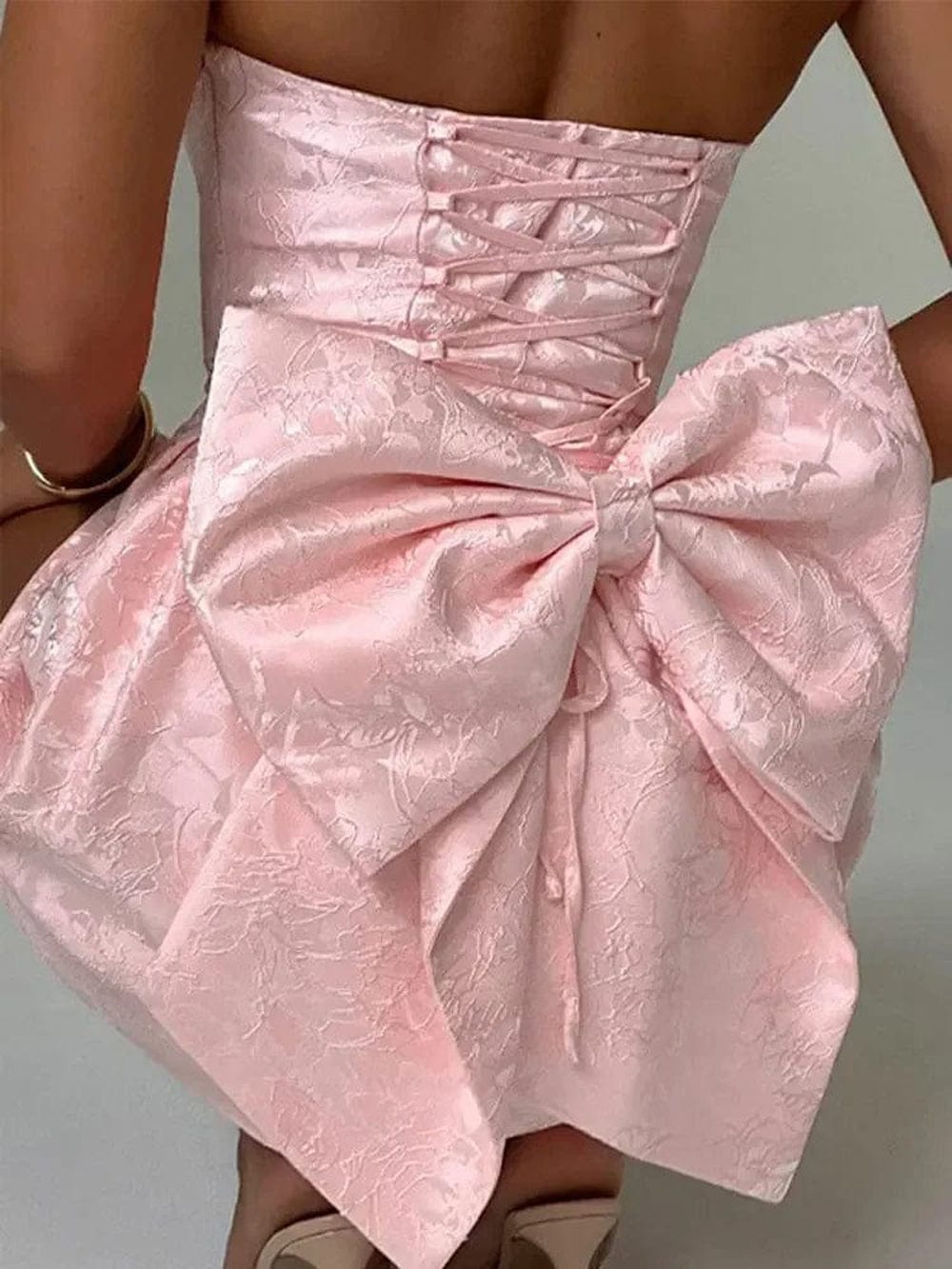Strapless Jacquard Bow Back Fit and Flare Mini Dress - View 5