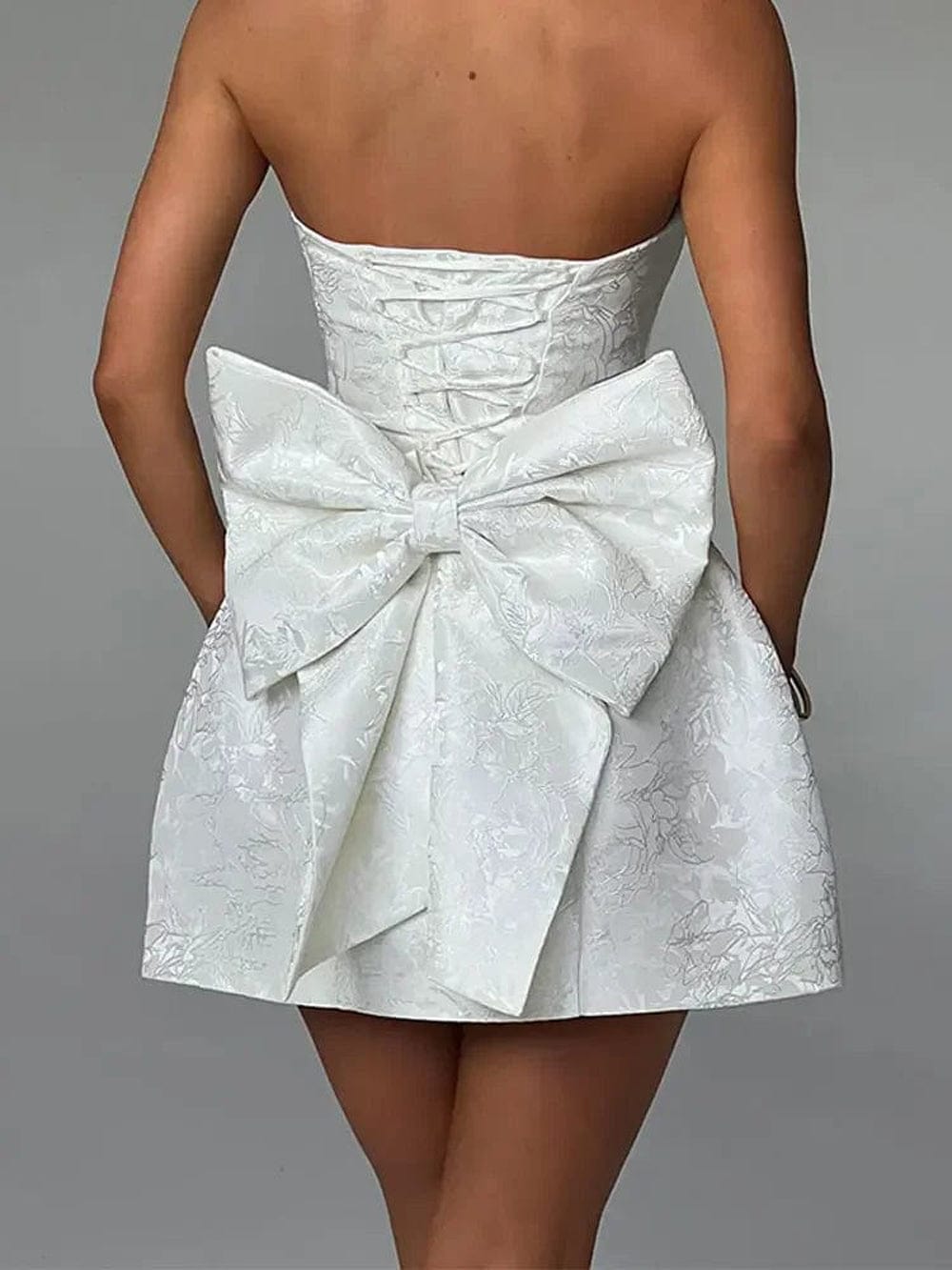 Strapless Jacquard Bow Back Fit and Flare Mini Dress - View 2