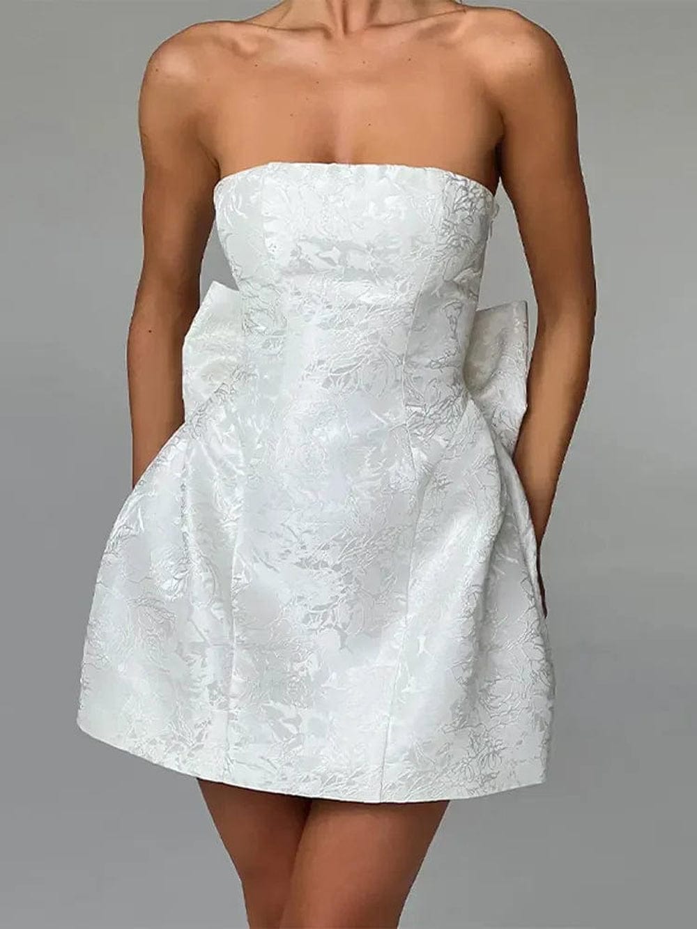 Strapless Jacquard Bow Back Fit and Flare Mini Dress