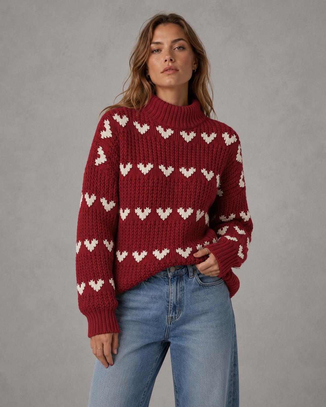 Heart Pattern Chunky Knit Mock Neck Sweater 5