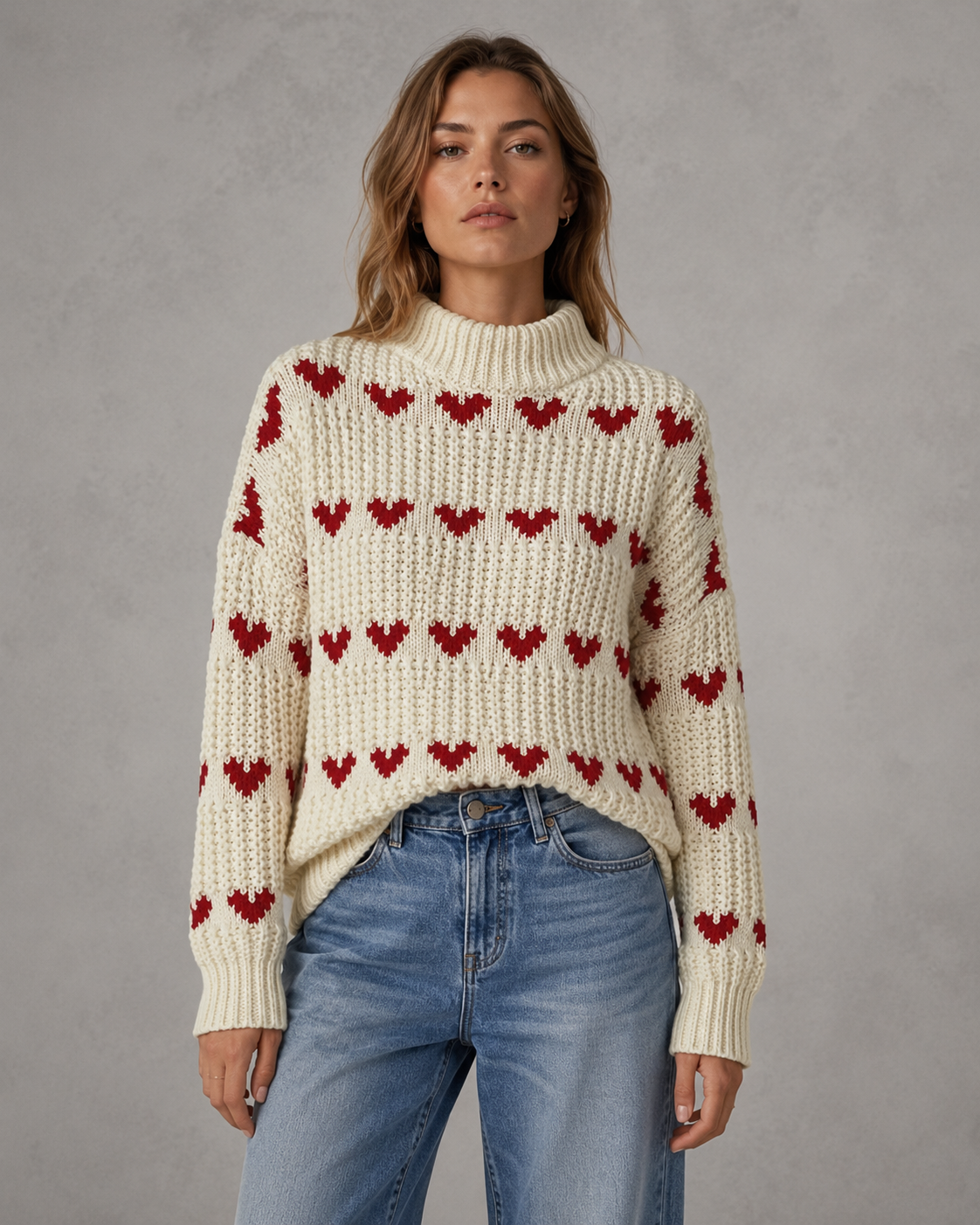 Heart Pattern Chunky Knit Mock Neck Sweater 6
