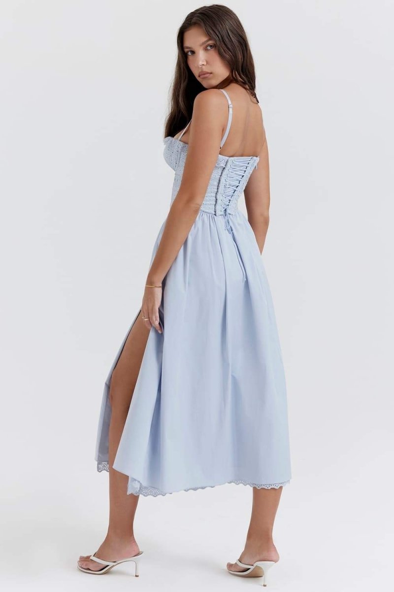 Lace Spaghetti Strap Corset High Split A-Line Midi Dress - View 2