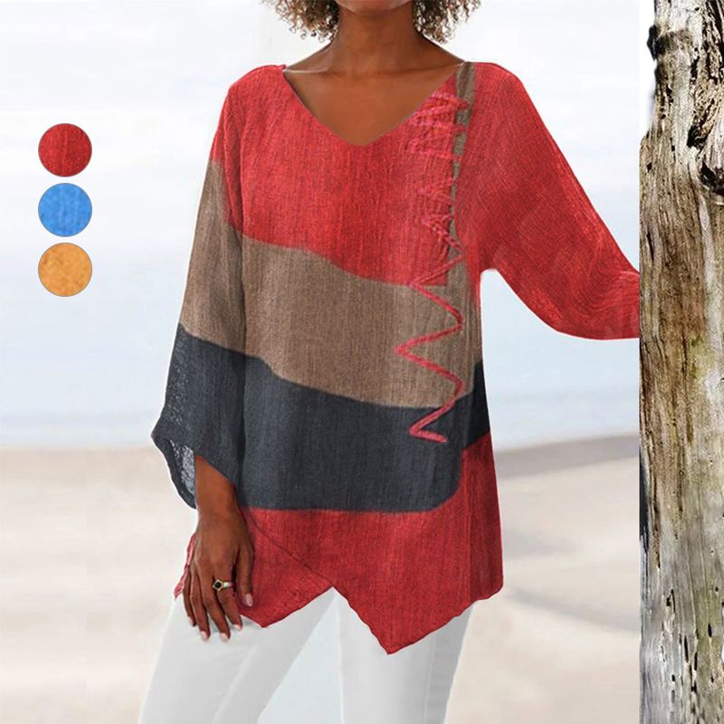 Colorblock V-Neck Long Sleeve Asymmetric Hem Top 6