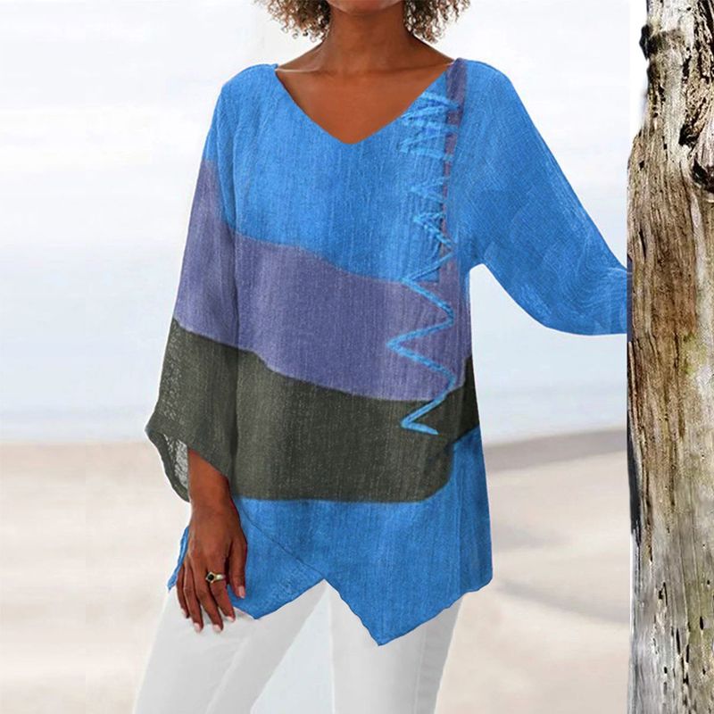 Colorblock V-Neck Long Sleeve Asymmetric Hem Top 3