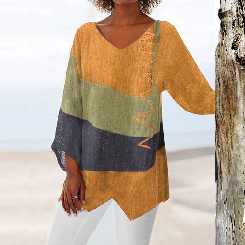 Colorblock V-Neck Long Sleeve Asymmetric Hem Top 2