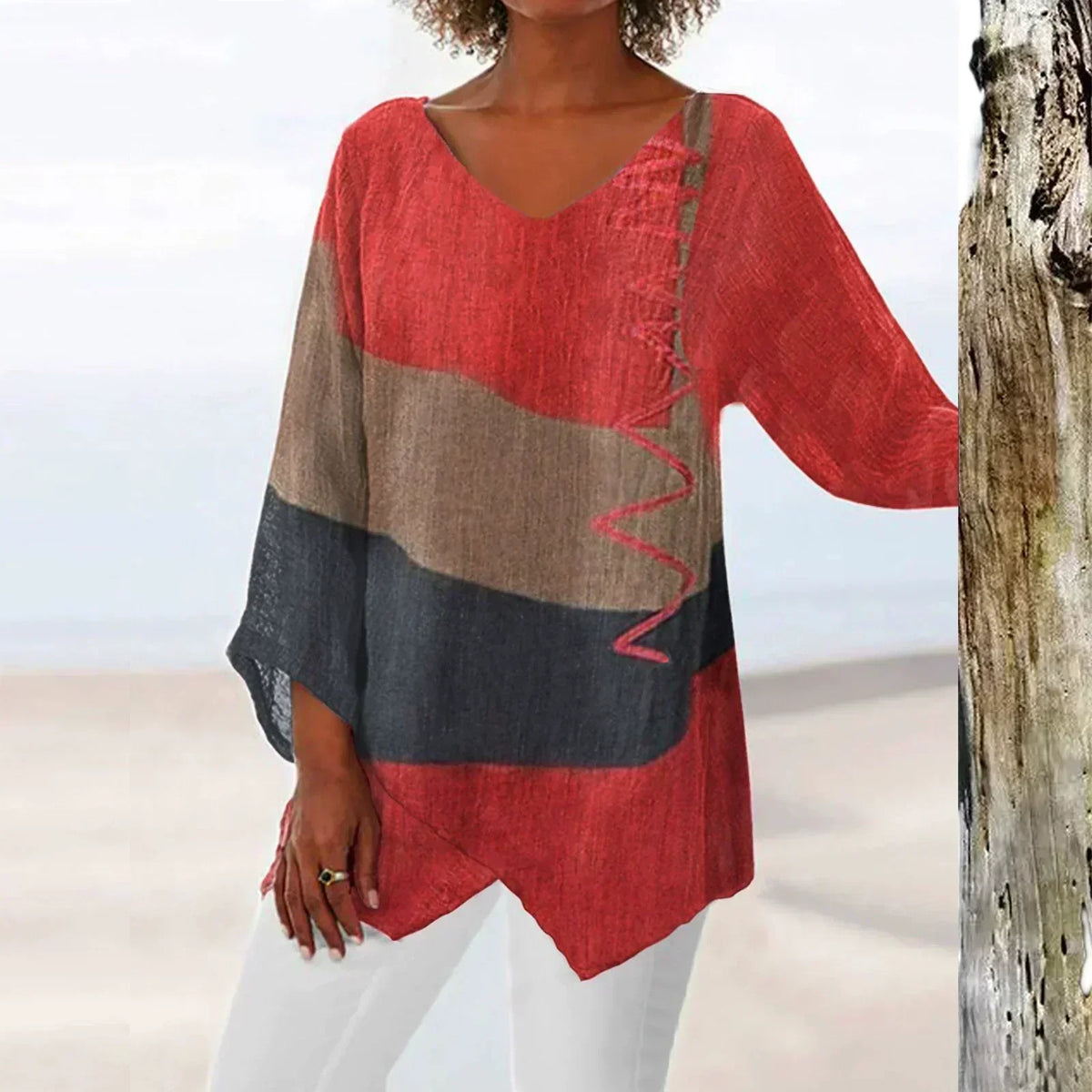 Colorblock V-Neck Long Sleeve Asymmetric Hem Top