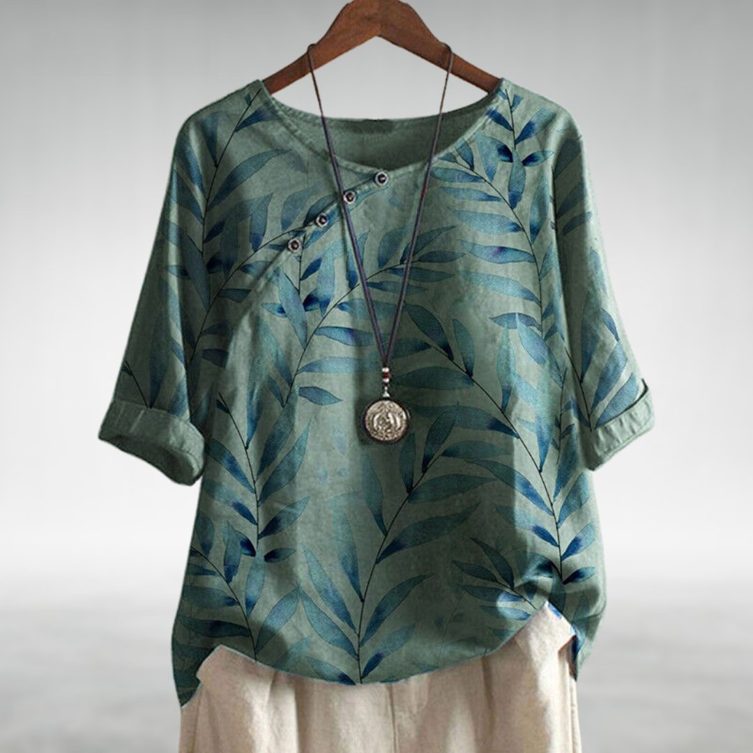 Leaf Print Round Neck Button Detail Top 4