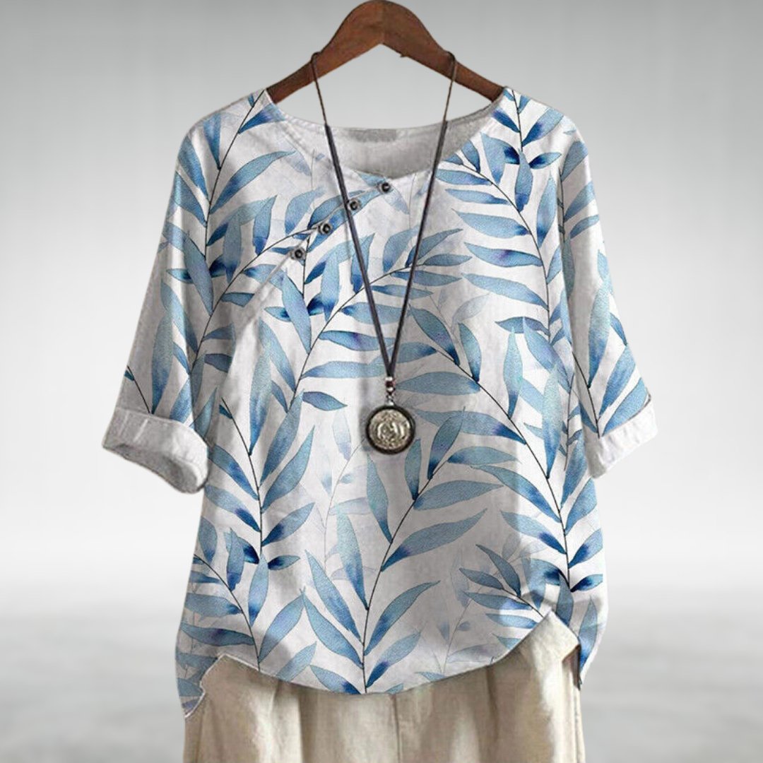 Leaf Print Round Neck Button Detail Top 3