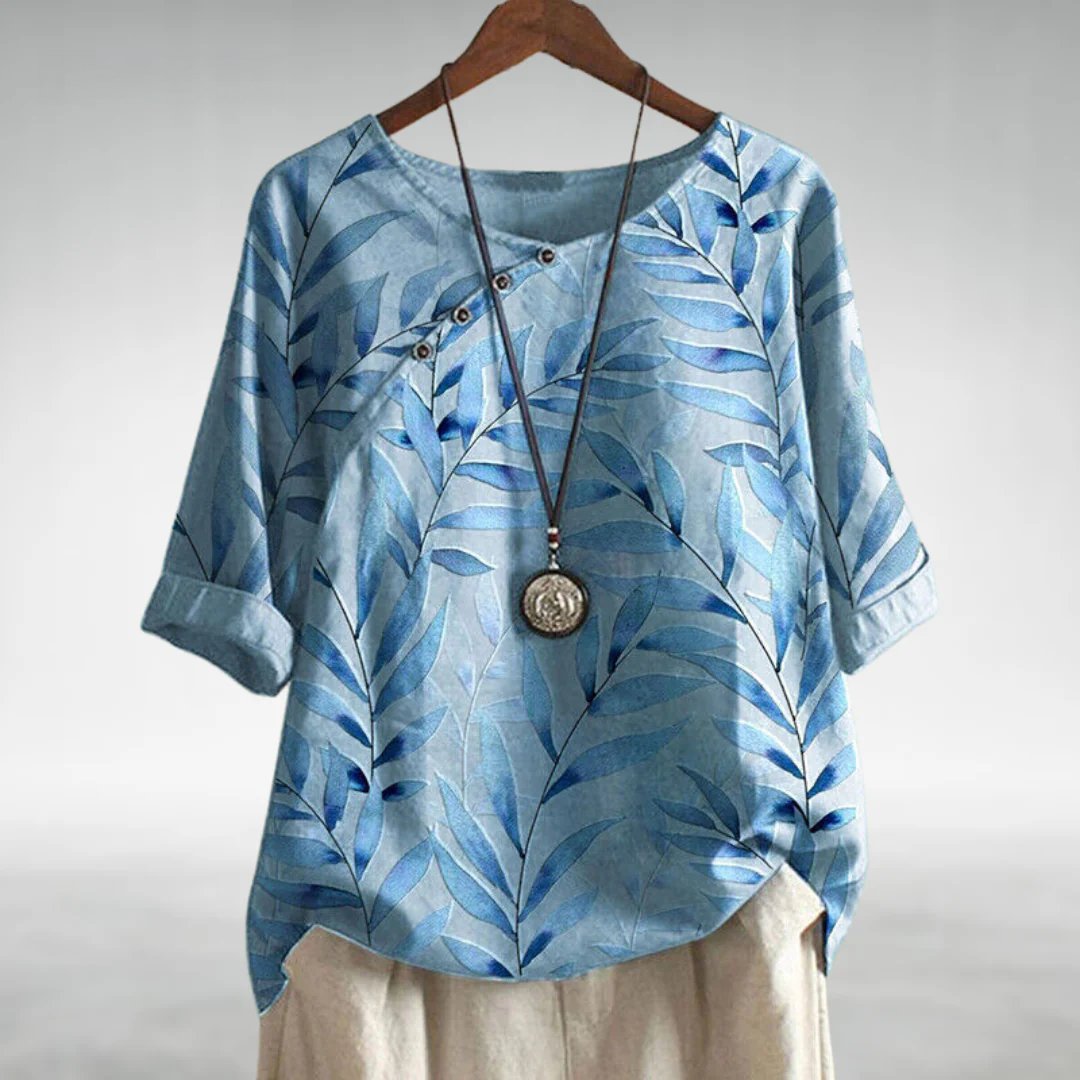 Leaf Print Round Neck Button Detail Top