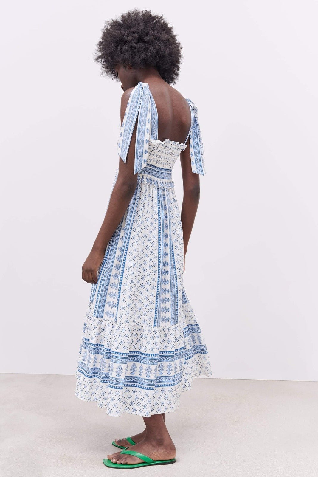 Floral Print Smocked Square Neck Ruffle Trim Midi Dress - View 3