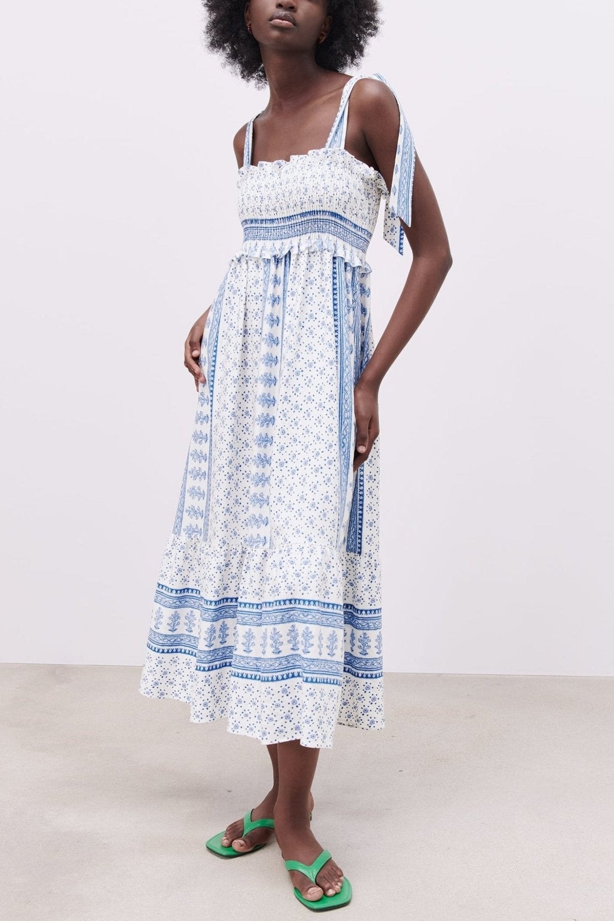 Floral Print Smocked Square Neck Ruffle Trim Midi Dress - View 8