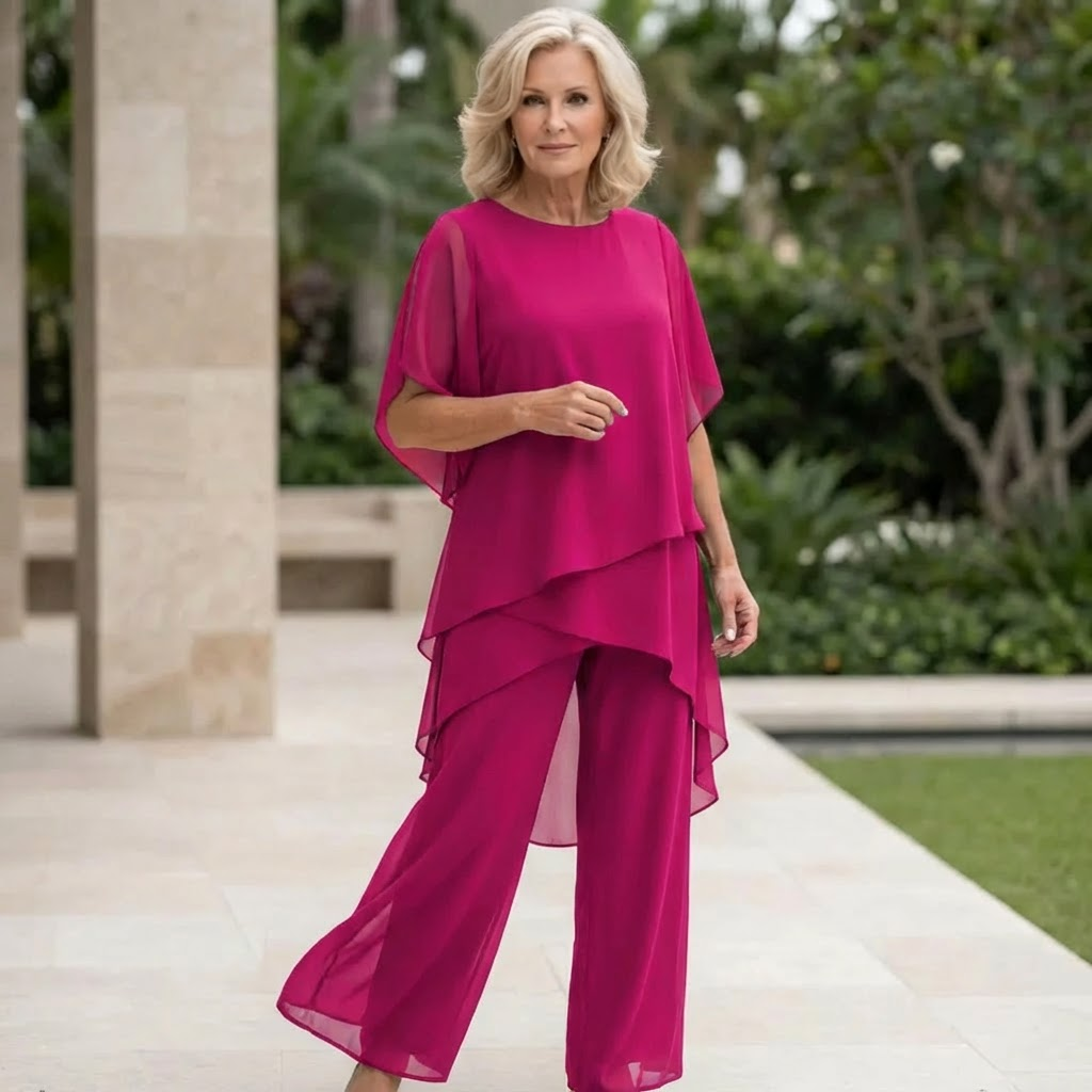 Chiffon Overlay Layered Top and Wide Leg Pants Two Piece Set 3